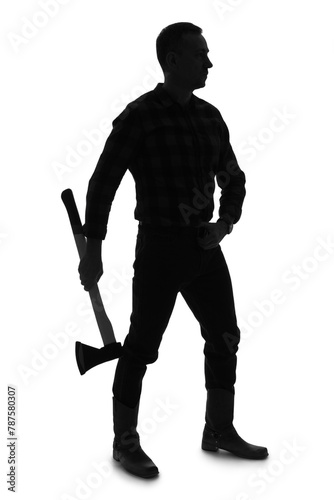 Silhouette of mature man with axe on white background