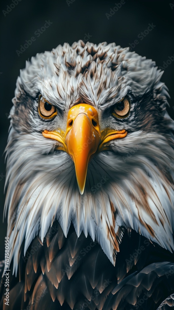 Detailed view of a bald eagle against a dark backdrop, showcasing its majestic features. Detailed view of a bald eagle against a dark backdrop, showcasing its majestic features.