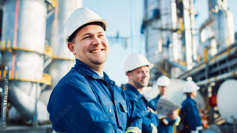 Portrait of a confident worker in safety gear with arms crossed at a factory Portrait of a confident worker in safety gear with arms crossed at a factory