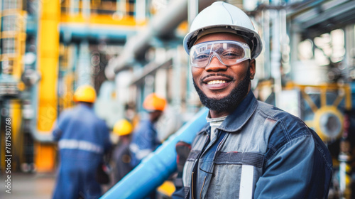 Confident industrial worker wearing protective gear with coworkers in background photo