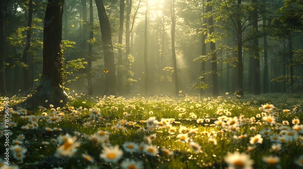 Rays of sunlight shining through dense forest trees onto a carpet of daisies. Rays of sunlight shining through dense forest trees onto a carpet of daisies.