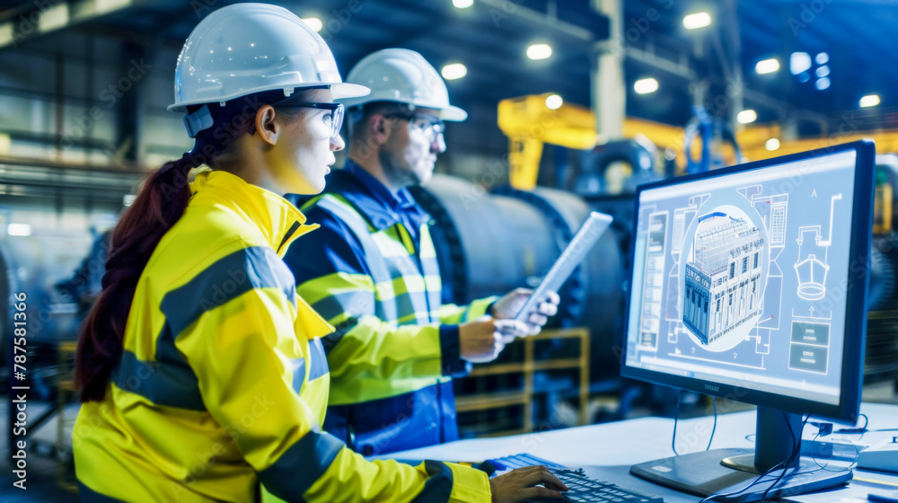 Industrial colleagues examining digital blueprint on computer monitor in factory setting. Industrial colleagues examining digital blueprint on computer monitor in factory setting.
