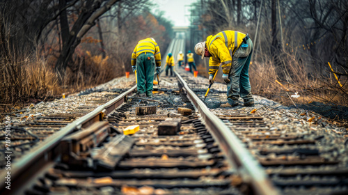Railway maintenance crew in high-visibility clothing repairing tracks in wooded area.