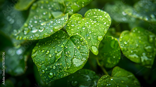 Close-up of raindrops on vibrant green leaves, using a macro lens to capture intricate details and textures