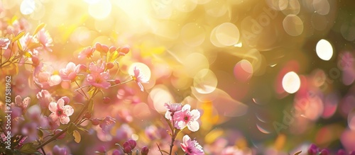 Floral and natural spring bokeh background with sunlight filtering through.