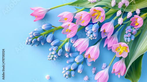 An array of pink tulips and blue muscari gracefully presented against a soft blue background.