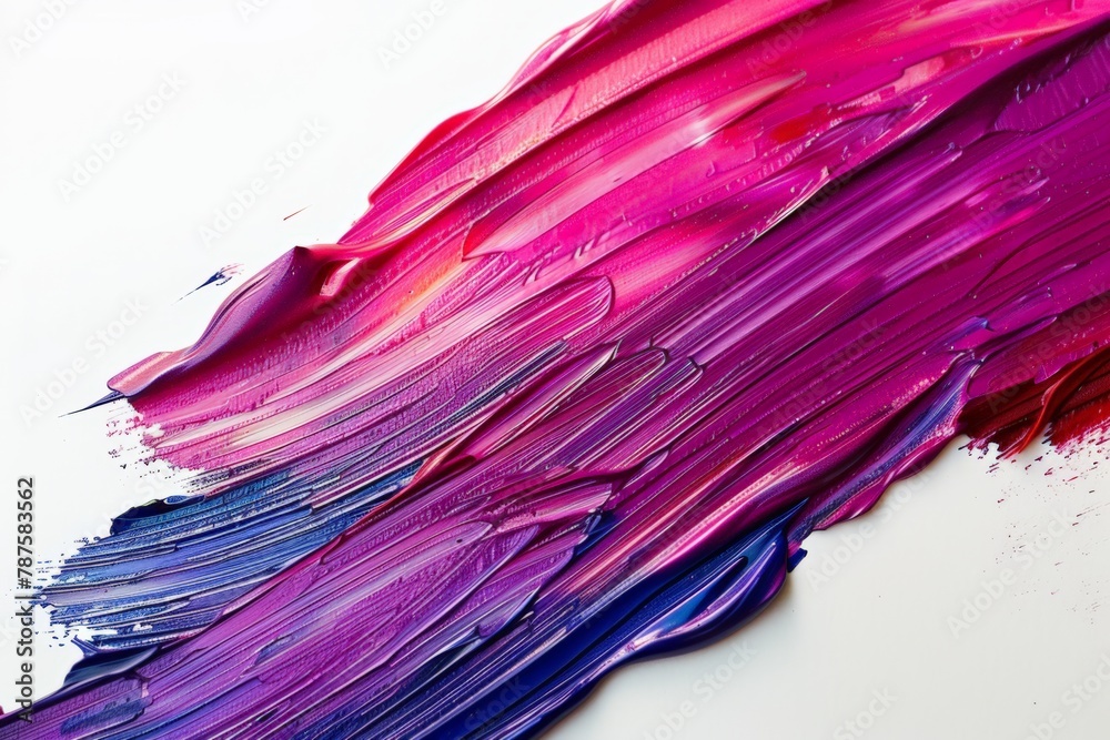 Vibrant brushstroke of pink and purple paint with dynamic texture and vivid contrast on a bright white background.