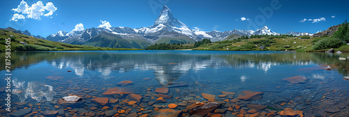 The Blue Lake and the Matterhorn in a Scenic Sum, Man fishing in the lake 