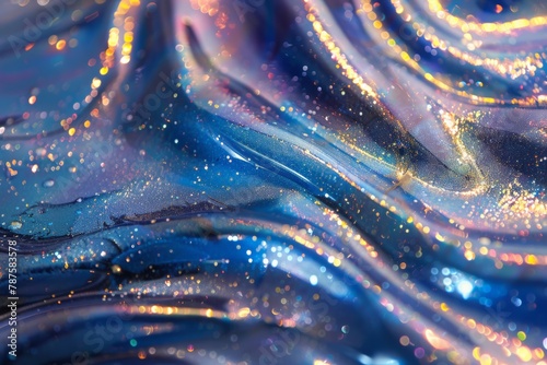 Glimmering blue tones and gold speckles flow in a dreamlike abstract pattern