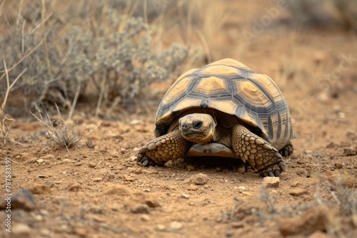Resilient tortoise traversing arid landscapes, Witness the tenacity of the tortoise as it journeys across parched deserts and rugged terrains