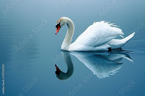 Serene swan gracefully glides across a tranquil lake, its pristine white feathers reflecting in the shimmering water, embodying elegance and tranquility amidst nature's beauty.