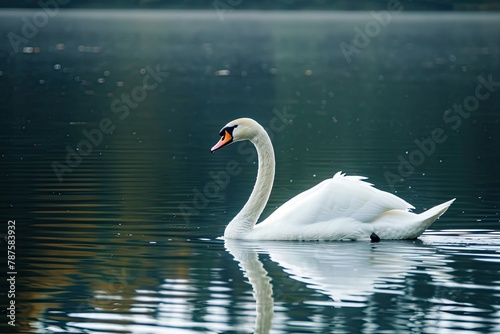 Serene swan gracefully glides across a tranquil lake, its pristine white feathers reflecting in the shimmering water, embodying elegance and tranquility amidst nature's beauty.