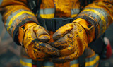 A detailed close-up image showing soiled and worn firefighter gloves, symbolizing hard work and bravery.