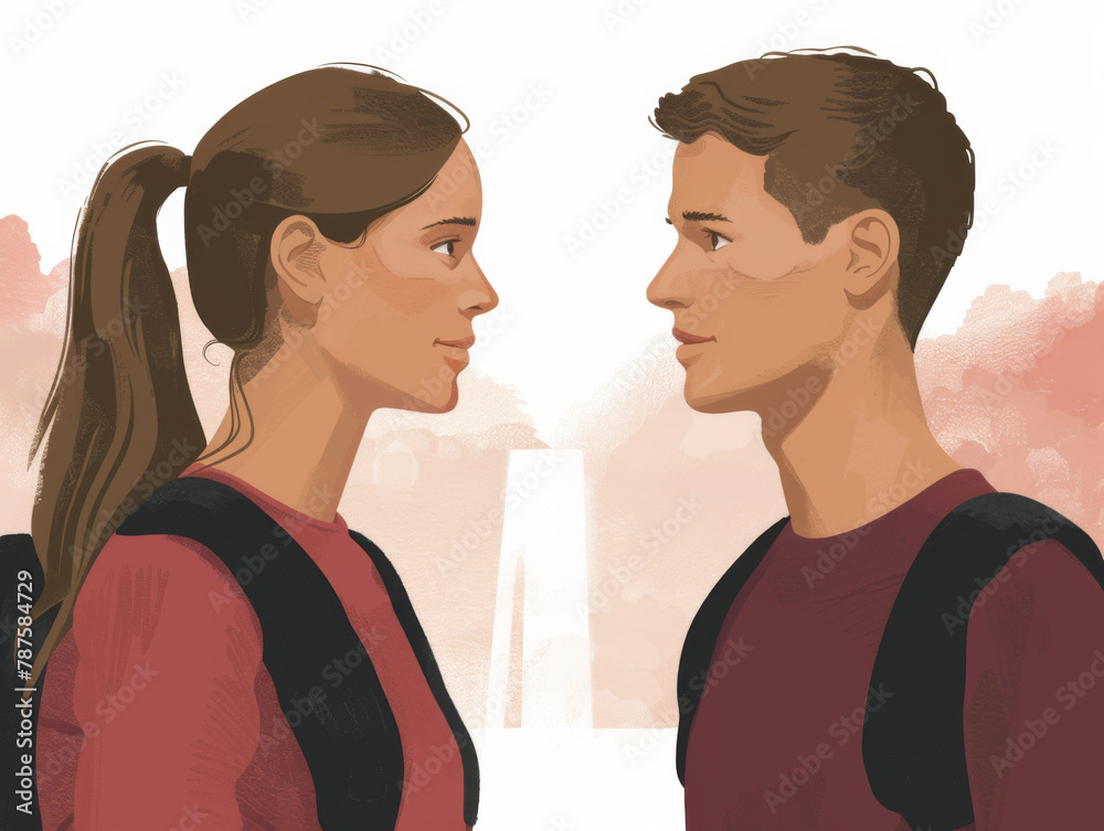 Illustration of a young man and woman facing each other with a warm, abstract background. Illustration of a young man and woman facing each other with a warm, abstract background.