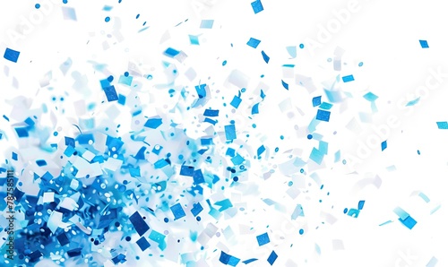 Blue confetti elements on a white background. Shot of confetti at a party. Festive mood. Blue confetti decoration and celebration. High quality AI generated image