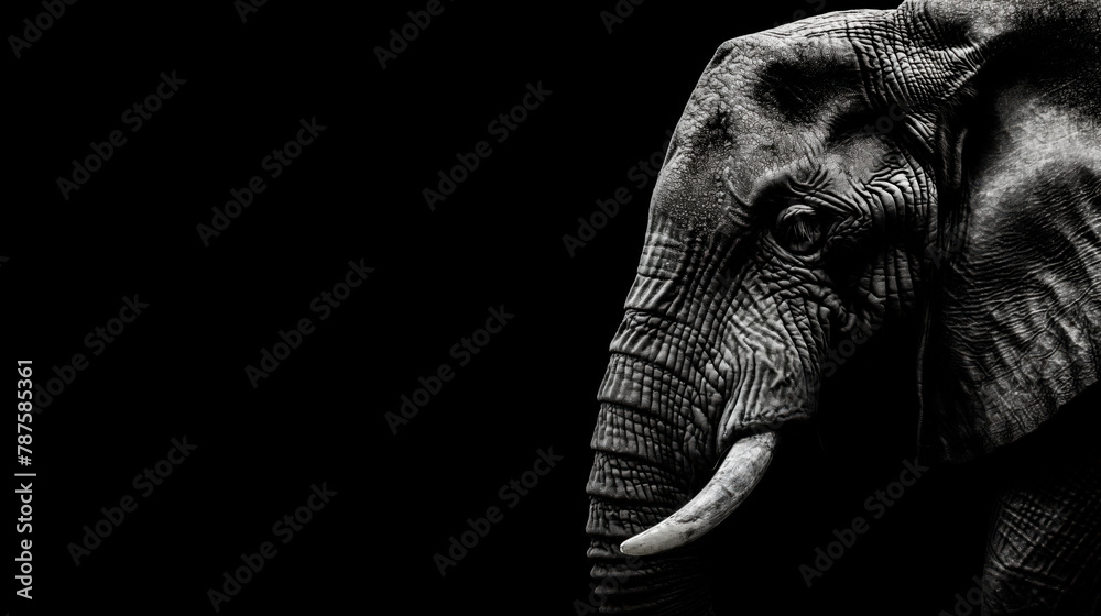 Naklejka premium Elephant With Tusk, The Silent Giant: A Portrait of Power and Poise in Monochrome Black And White. 