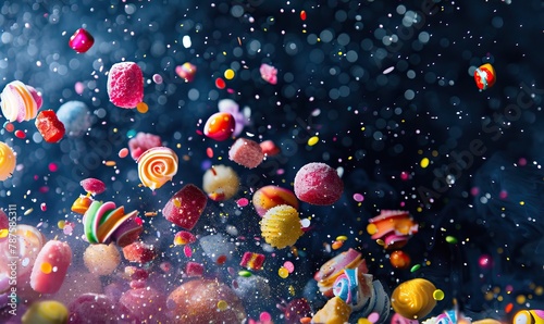 Bunch of colorful sweets and confetti in the air. Dark blue background. Celebration Decoration. High quality AI generated image © Javid