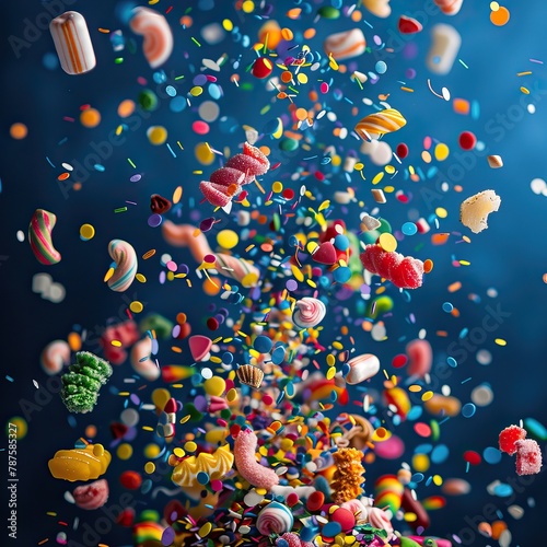 Bunch of colorful sweets and confetti in the air. Dark blue background. Celebration Decoration. High quality AI generated image