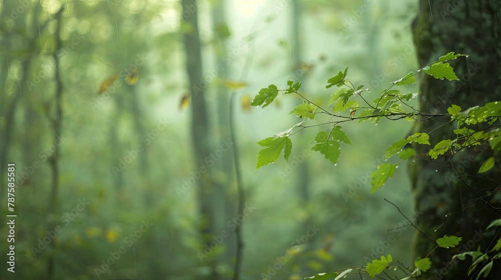 Fototapeta premium Misty forest scene with fresh green leaves