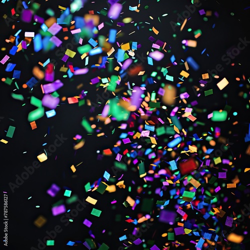falling glittering gold or colorful confetti texture overlay isolated on black background for festive event decoration. Colorful confetti celebration. High quality AI generated image