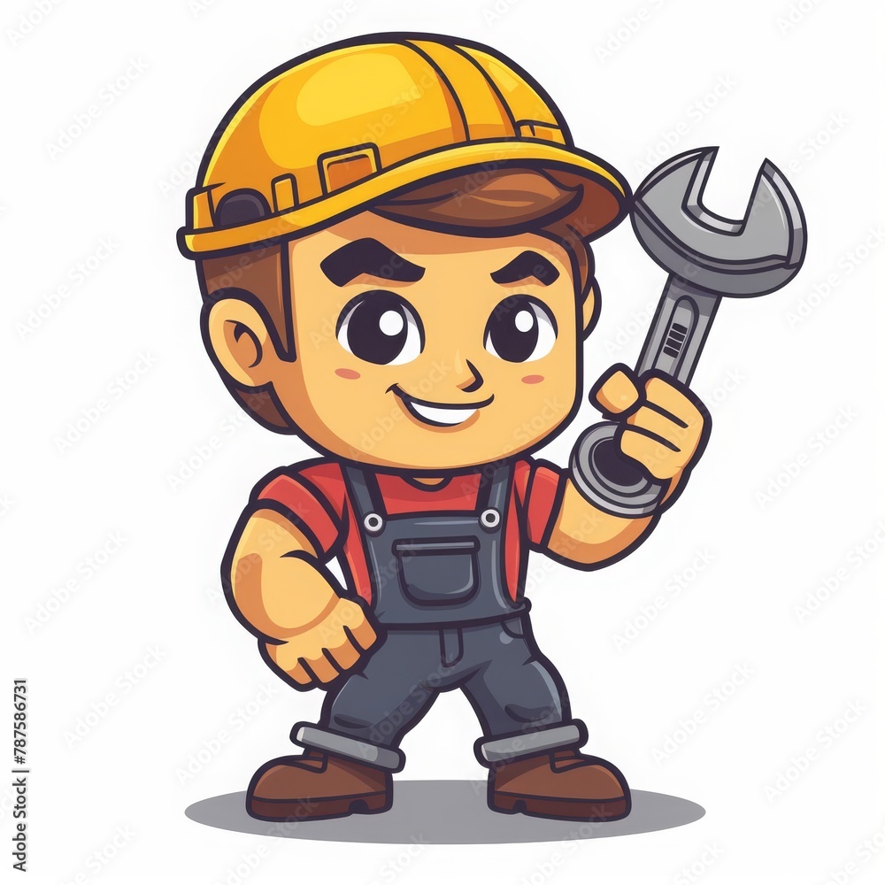 Big muscular workshop worker holding a wrench on a solid white background character vector illustration Big muscular workshop worker holding a wrench on a solid white background character vector illustration