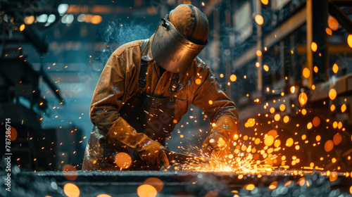 A skilled worker with welding gear performs metalwork in a bustling industrial environment. photo