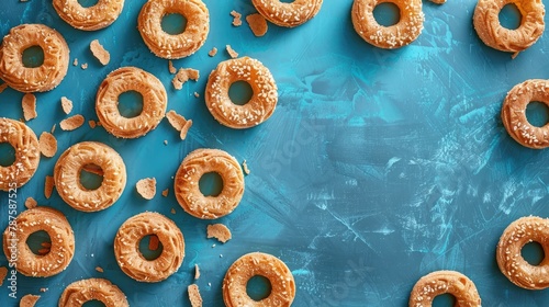 Ring shaped Cracknels with Blue Background and Mini Bagels photo