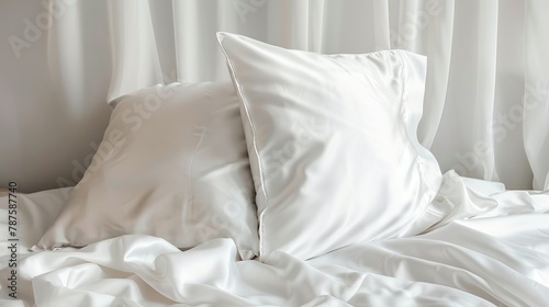 Two white pillows encased in satin, silk, or lyocell pillowcases on a white sheet, showcasing bedding and accessories