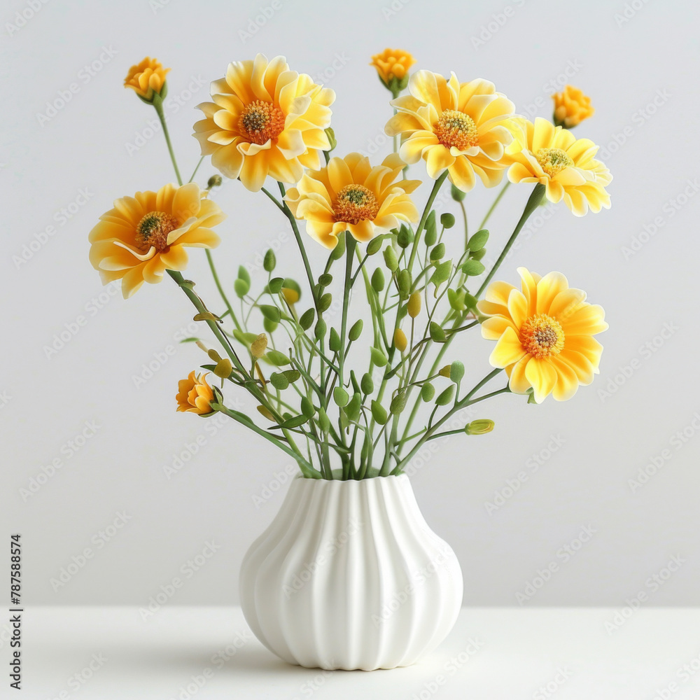 Bright yellow daisy flowers with buds in a white pleated vase on a light background.