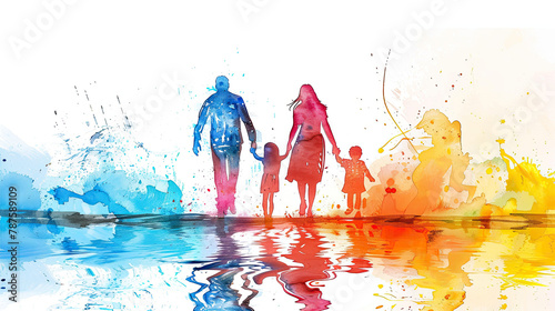 Multi colored silhouettes of family watercolor with different shades showing Diversity and inclusion, equity and belonging, happy family, parents day 
