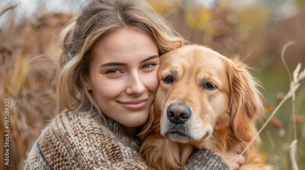  friendship concept picture of a happy relaxing woman and her golden retriever dog travel together at beautiful nature.