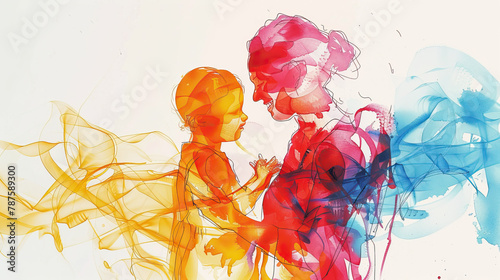 colorful watercolor portrait of mother and baby , emotional love bonding  photo