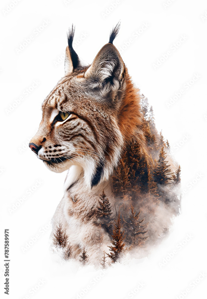Obraz premium illustration d'un lynx en double exposition avec une forêt - fond blanc