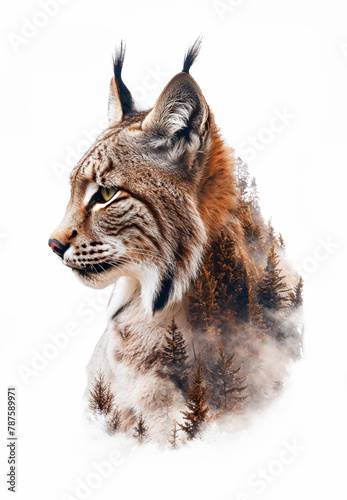 illustration d'un lynx en double exposition avec une forêt - fond blanc © Fox_Dsign