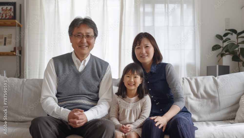 A Japanese family of three sitting on the sofa, asian family with one kid having a good time at home, Happy grandmother, grandfather and granddaughter A Japanese family of three sitting on the sofa, asian family with one kid having a good time at home, Happy grandmother, grandfather and granddaughter