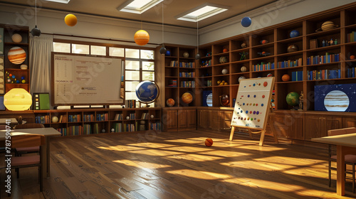 A classroom with bookshelves filled with textbooks, an empty whiteboard, and a model of the solar system.
