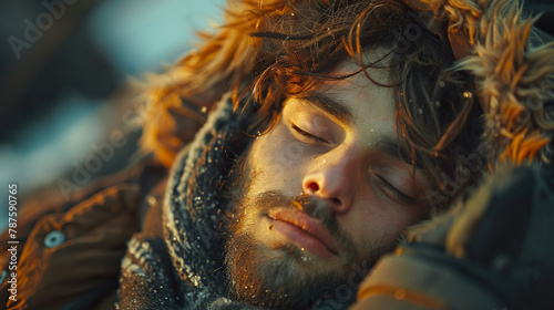 Homeless Bearded Man Sleeping in Fur Cap. AI Generated photo