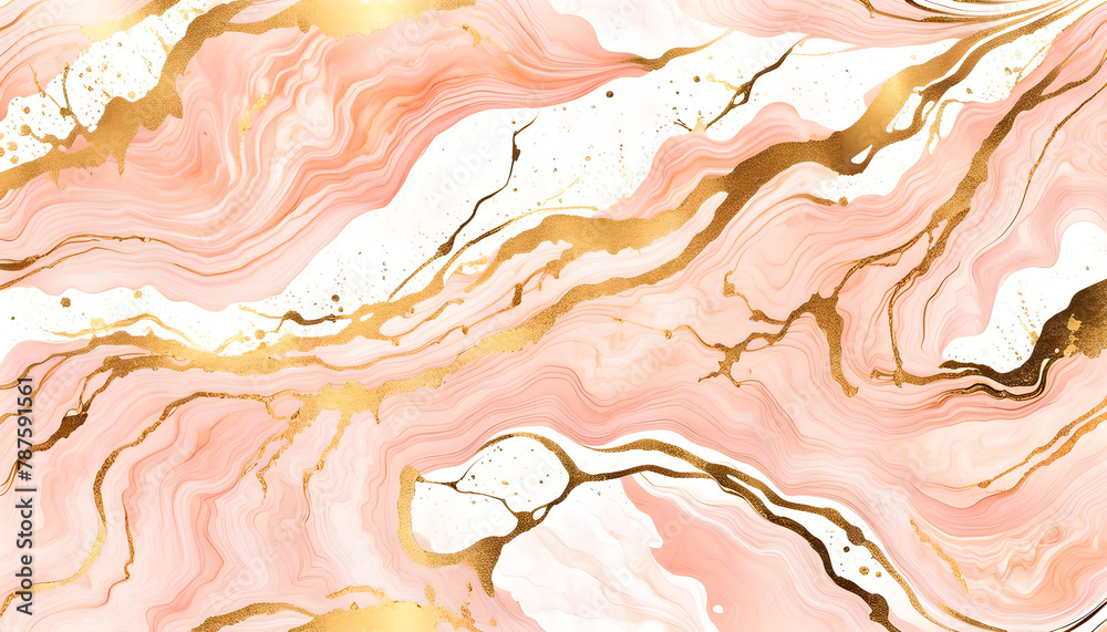 Peach pink marble abstract background with gold splashes