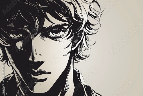 A monochromatic illustration of a figure, with detailed hair flowing wildly. Image made in comics hero style. Ideal illustration for avatar.
