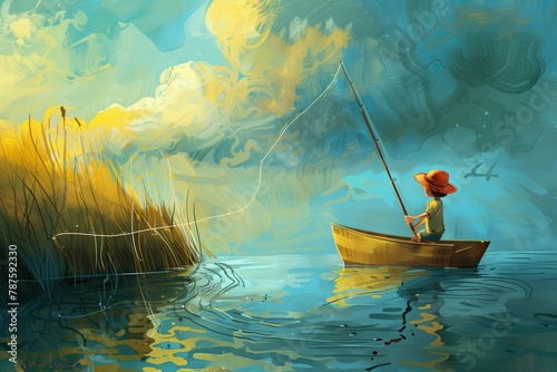A young boy is fishing in a small boat on a lake