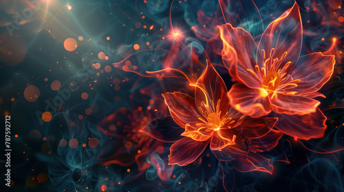 Beautiful fiery flower on a dark background. Digital art. The image is impressive in its unexpectedness and can be used in design in a wide variety of areas. photo