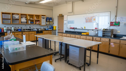 A classroom with science lab stations, an empty whiteboard, and safety signs displayed on the walls.