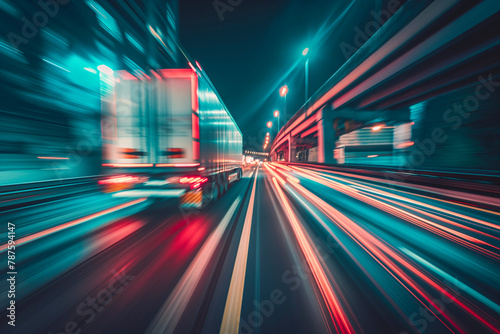 Truck city street  highway in night time. Motion blur  light trails. Transportation  logistic