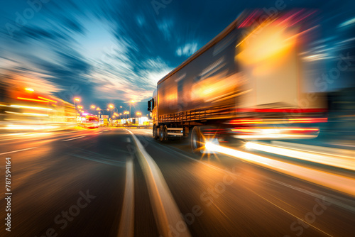 Truck city street, highway in night time. Motion blur, light trails. Transportation, logistic