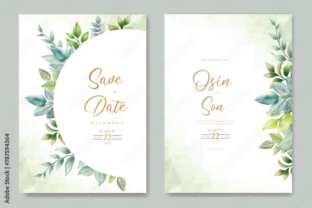 wedding invitation card with green leaves watercolor