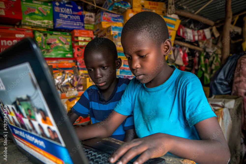Young Learners in a Local Shop: Two young african boys focused on using a laptop in a small shop surrounded by various products.