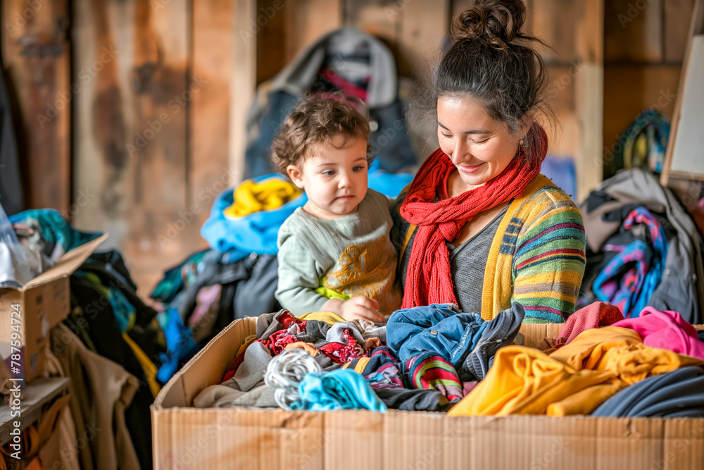 Woman and child sorting clothes and packing into cardboard box. Donations for charity, help low income families, declutter home, sell online, moving moving into new home, recycling, sustainable living Woman and child sorting clothes and packing into cardboard box. Donations for charity, help low income families, declutter home, sell online, moving moving into new home, recycling, sustainable living