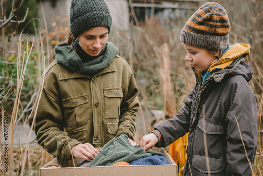 Fototapeta premium Woman and child sorting clothes and packing into cardboard box. Donations for charity, help low income families, declutter home, sell online, moving moving into new home, recycling, sustainable living