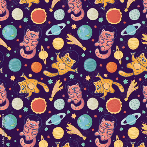 Space pattern with cats astronauts among planets, asteroids and stars. Galaxy pattern with dark background. Vector background for wallpaper, clothes, pajamas, cards and decoration. © Natali