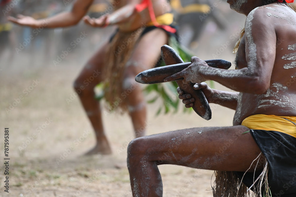 Indigenous Australians men on ceremonial dance in Laura Quinkan Dance Festival Cape York Australia